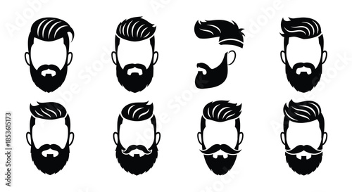 Collection of diverse male hairstyles and beard styles in black and white