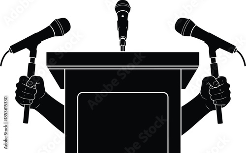 Political podium with microphones and raised fists silhouette, freedom of speech, press conference, protest concept, leadership and media illustration