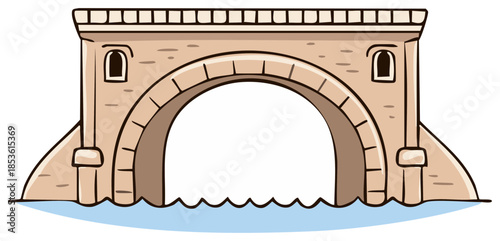 Arched Stone Bridge over Water Cartoon Style Illustration