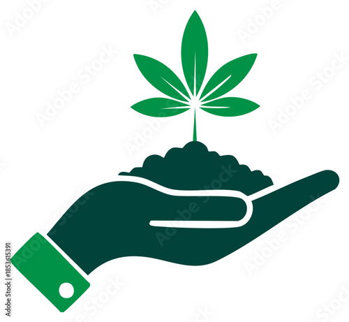 Cannabis Seedling in Hand Icon, Symbol of Growing Medical Marijuana, Agriculture, and Environmental Sustainability