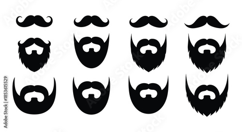 Collection of various black mustache and beard styles in a graphic design