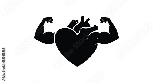 A strong heart symbol illustrated with muscular arms representing power and vitality silhouette