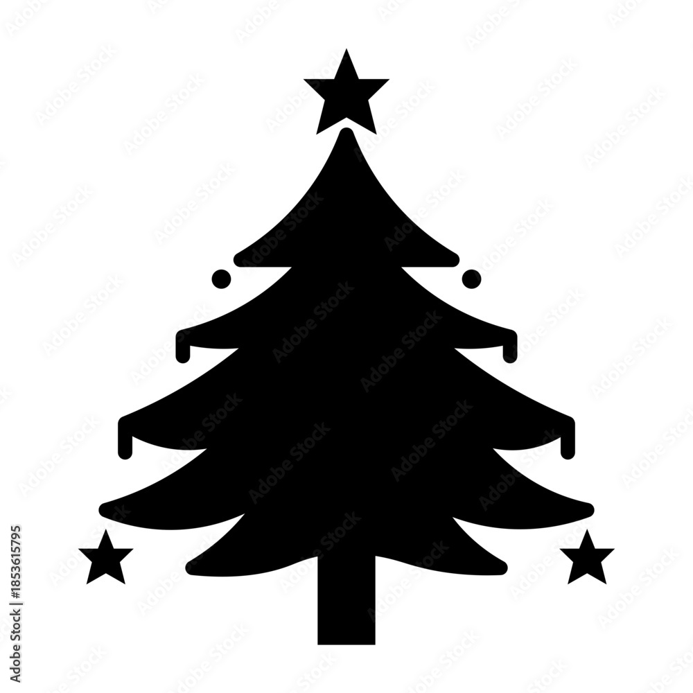 Fototapeta premium Black Christmas Tree Silhouette With Stars And Lights On White Background