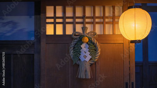 Japanese Shimekazari New Year wreath with citrus, pine and shide. For seasonal greeting, retail and hospitality branding.