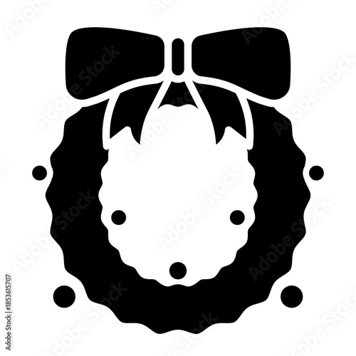 Black Christmas Wreath Icon with Red Bow and Ornaments Silhouette