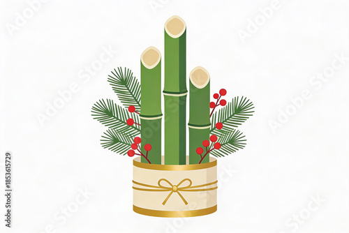 Traditional Japanese New Year Kadomatsu arrangement of bamboo and pine. For holiday advertising and corporate branding.