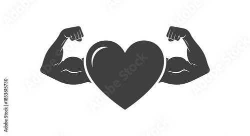 Muscular arms embracing a heart shape representing strength and love in a striking silhouette