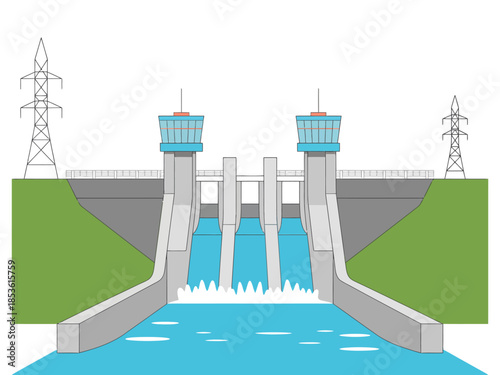 Detailed illustration of a hydroelectric power dam with water flowing, generating clean renewable energy, flanked by electrical transmission towers and green hills.