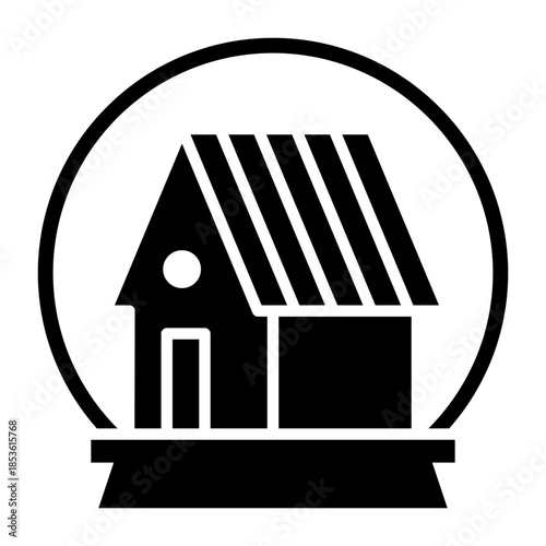 Black and white icon of a house inside a snow globe on a stand