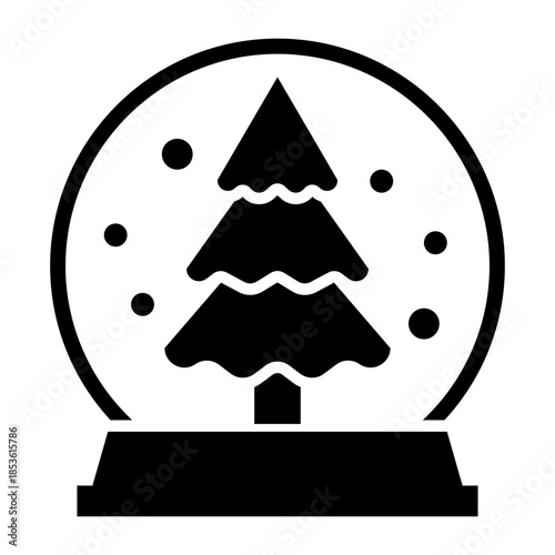 Black and White Christmas Tree Snow Globe Icon with Falling Snow Flakes Simple Festive Design
