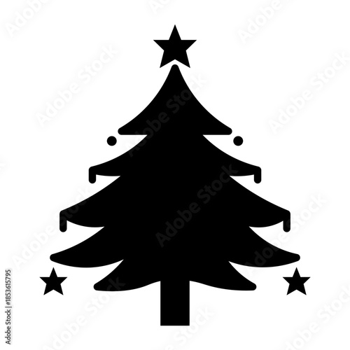 Black Christmas Tree Silhouette With Stars And Lights On White Background