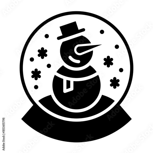 Black and white icon of a snowman in a snow globe with falling snowflakes