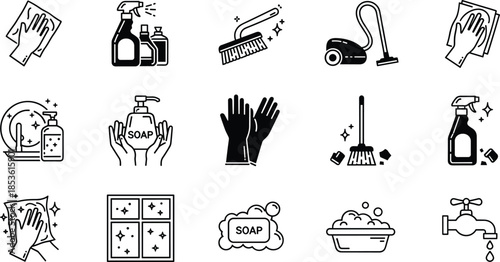 Set of 15 Minimalist Cleaning and Hygiene Line Icons, Thin Black Vector Symbols for Housekeeping, Sanitary Services, Janitorial Work and Domestic Disinfection
