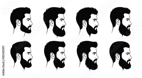 Variety of male beard styles illustrated in a black and white profile view