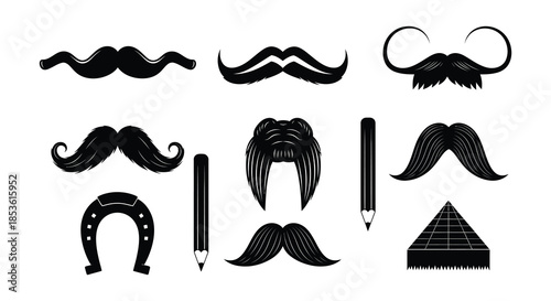 Collection of various black mustache and beard styles in a graphic design