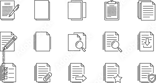 Set of 15 Minimalist Document Management Line Icons, Thin Black Vector Symbols for File Organization, Paperwork, Office Administration and Digital Storage Folders