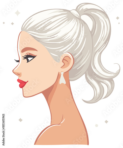 Profile illustration of a Woman with a Ponytail Hairstyle and Red Lipstick