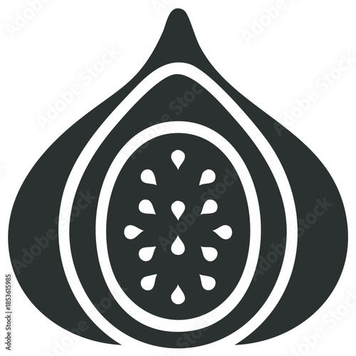 Stylized fig fruit cut in half icon, simple black and white vector graphic