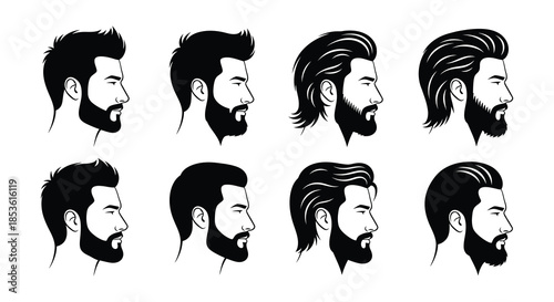 Variety of male beard styles illustrated in a black and white profile view