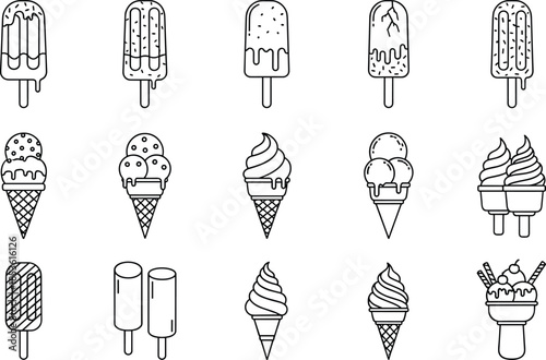 Set of 15 Minimalist Ice Cream and Frozen Dessert Line Icons, Thin Black Vector Symbols for Sweet Shop, Summer Food, Gelato Menu and Cafe Branding