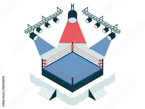 Isometric illustration of an empty boxing ring illuminated by bright spotlights, featuring a modern arena environment, minimalist vector art for sports themes.