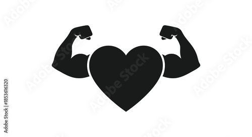 A striking image of a heart shape combined with strong flexing arms a bold silhouette