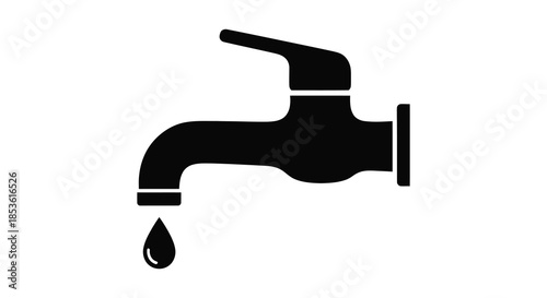 A simple black and white depiction of a water tap with a single falling droplet silhouette