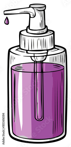 Cartoon illustration of a transparent pump dispenser bottle with purple liquid soap or lotion dripping