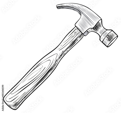 Detailed illustration of a claw hammer in grayscale against a white backdrop.
