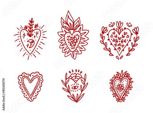 Set of Mexican hearts decorated with flower, flame, moon, stars, leaves. Symbol of love. Folk art or boho hand drawing clipart. Whimsical trendy  collection