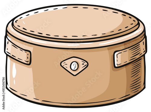 Vintage style round brown hat box illustration with stitched details and practical side handles
