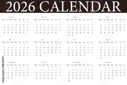 Planner calendar for 2026 english, Desk calendar 2026 template corporate desk calendar schedule monthly 12-page planner layout week starts on Monday.  schedule organizer template. Business personal 