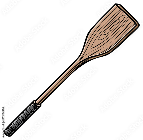 Classic Wooden Boat Oar with Grip Handle in a Cartoon Style Illustration