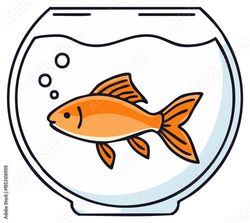 Cartoon Goldfish Swimming in a Fishbowl Pet with Bubbles Illustration