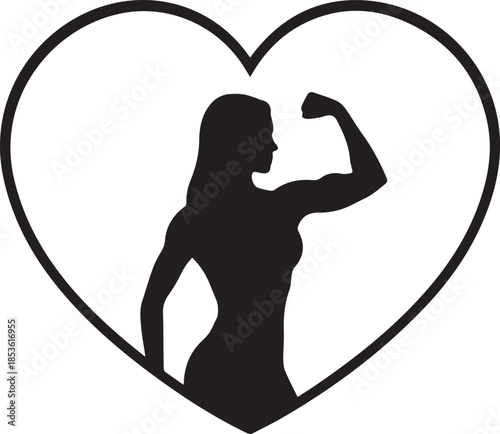 Silhouette of a strong woman flexing her bicep inside a heart shape