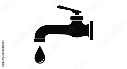 A simple black and white illustration of a water tap with a single droplet silhouette