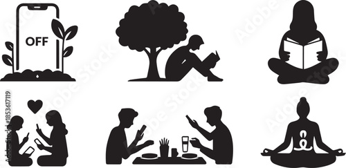 Digital Detox Silhouette Icons Vector Unplugging Mindfulness Reconnection Real World Balance