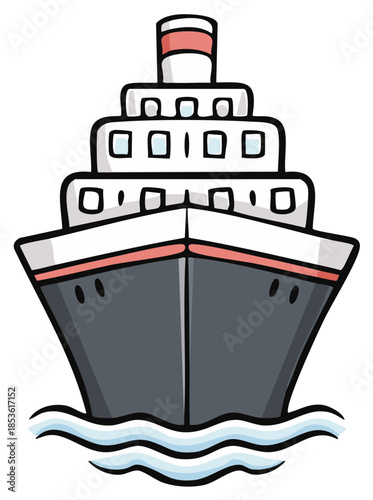 Front view of a stylized cartoon cruise ship sailing on wavy water, with a prominent smokestack.