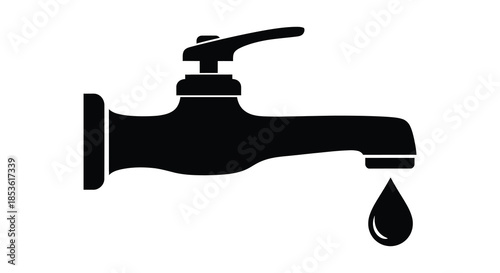 A simple black and white depiction of a water faucet with a single droplet silhouette