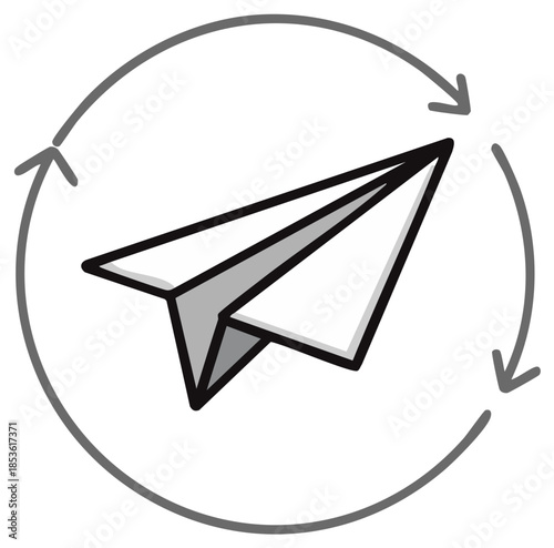 Paper airplane with arrows circulating around, a symbol of workflow or circular motion