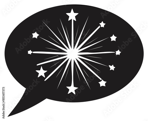 Black Speech Bubble with White Stars and Bursting Firework Effect