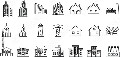 Minimal blue line building icons set, city skyline, houses, factories, churches, lighthouse, architecture symbols, urban construction, real estate, vector illustration,