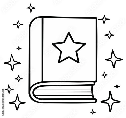 Book with a star emblem surrounded by sparkling stars, simple line art illustration