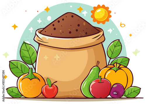 Cartoon illustration of a burlap sack of fertile soil with a harvest of fresh fruits and vegetables