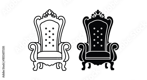 Two ornate vintage armchairs are depicted in contrasting black and white a striking silhouette