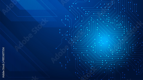 Futuristic artificial intelligence brain made of glowing digital circuit lines on blue technology background. Concept of AI, data processing, neural network, innovation, and advanced computing.