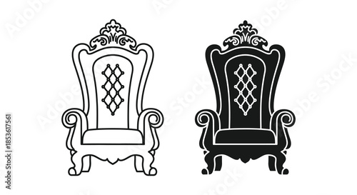Elegant ornate chair designs are displayed in black and white a stark contrast silhouette
