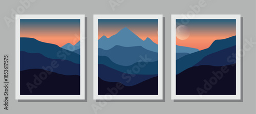 Vibrant mountain landscapes in white frames on gray background