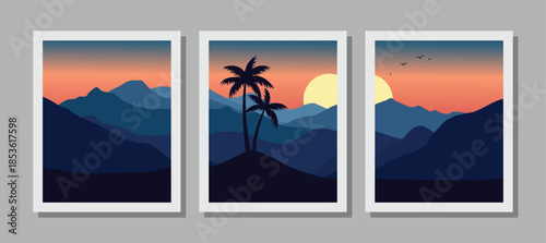 Vibrant tropical sunset over serene mountain landscape with palm trees