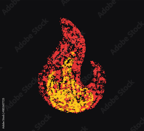 Doodle fire in crayon style. Hand drawn flame with grunge texture. Graphic element for fun collage, sticker. Crayon doodle red and yellow fire. Vector pencil illustration isolated on black background.